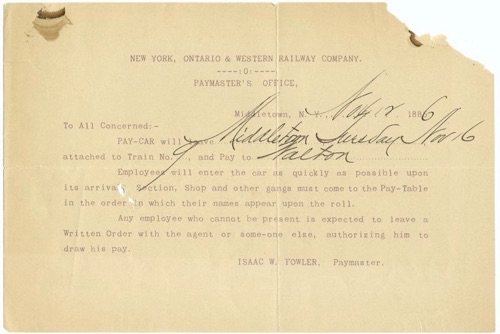 NY&W RR Paymaster notice. November 12, 1886 chs-000307
